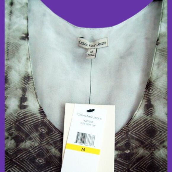 Calvin Klein Jeans NEW Bohemian Abstract Khaki Chiffon Scoop Lined Tank Top M - Picture 5 of 10